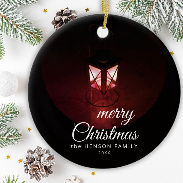 Gammalt lyktljus God Jul Skrift Familj Julgransprydnad Keramik (Skapare uppladdad)