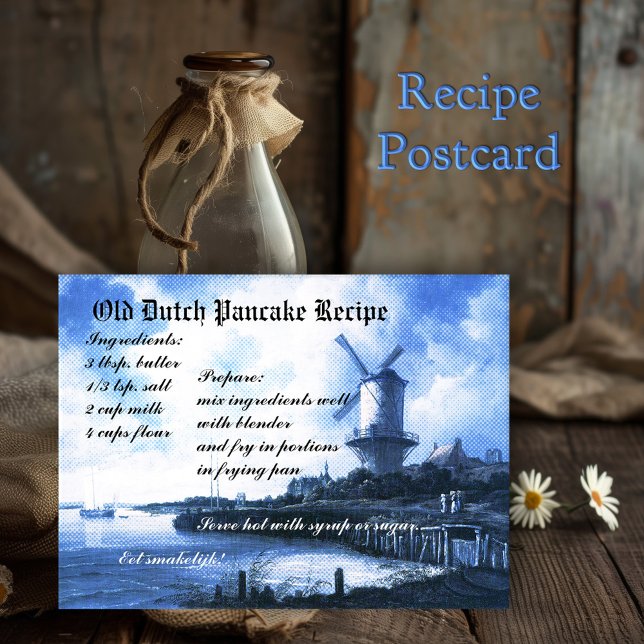 Gammalt nederländskt pancake Recipe-kort Vykort (Postcard in blue antique Dutch tile style (based on a Ruysdael painting) with a pancake recipe)