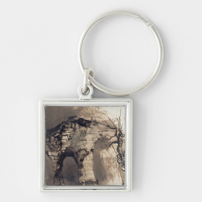 Gammalt överbrygga fyrkantig silverfärgad nyckelring (Framsidan)
