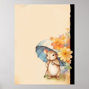 Gammalt papper med mus söt paraply orange blommor poster