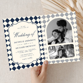 Gammalt Pengar Elfenben Marinblå Rutig Bröllop Inbjudan