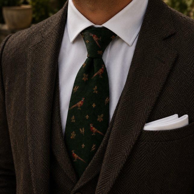 Gammalt Pengar Fasan Fågel Herringbone Grön  Slips (Skapare uppladdad)