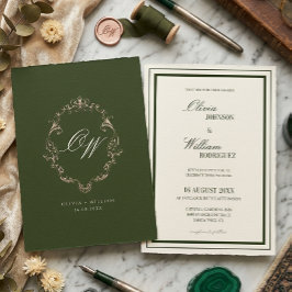 Gammalt Pengar Olivgrön Elegant Monogram Bröllop Inbjudningar