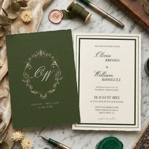 Gammalt Pengar Olivgrön Elegant Monogram Bröllop Inbjudningar