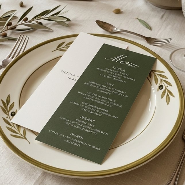 Gammalt Pengar Olivgrön Elegant Monogram Bröllop Meny (Skapare uppladdad)