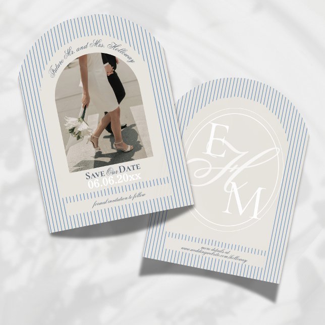 Gammalt Pengarmanus Blå Rand Foto Spara Datum Inbjudningar (Invite guests to mark their calendars for your wedding with this Old Money Stripe Save the Date!)