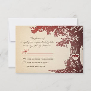 gammalt rött träd vintage bröllop rsvp design OSA kort