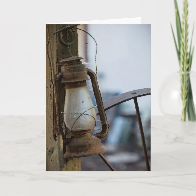 Gammalt Rusty Lantern Wagon Wheel-hälsningskort Kort (Framsida)