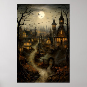 Gammalt samhälle med pumpor, Halloween landsbygd Poster