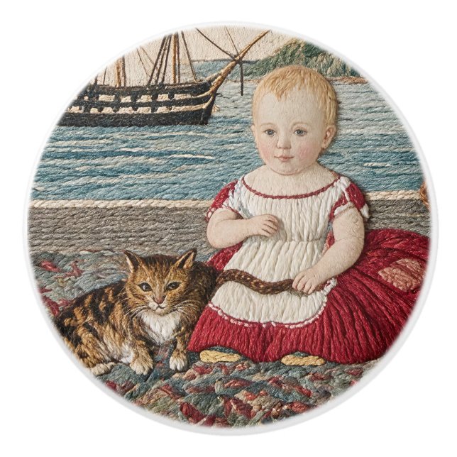 Gammalt sampler-barn med katt knopp (Framsidan)
