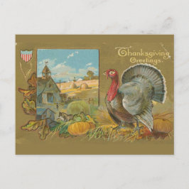 Gammalt Thanksgiving-hälsning kalkon och bondgård Vykort