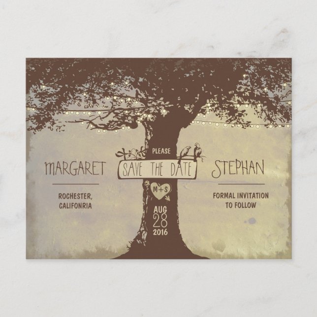 gammalt träd och strängljus spara datum postkort meddelande vykort (Framsida)