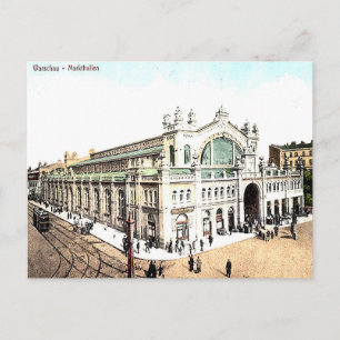 Gammalt vykort - marknadshallar, Warszawa, Polen