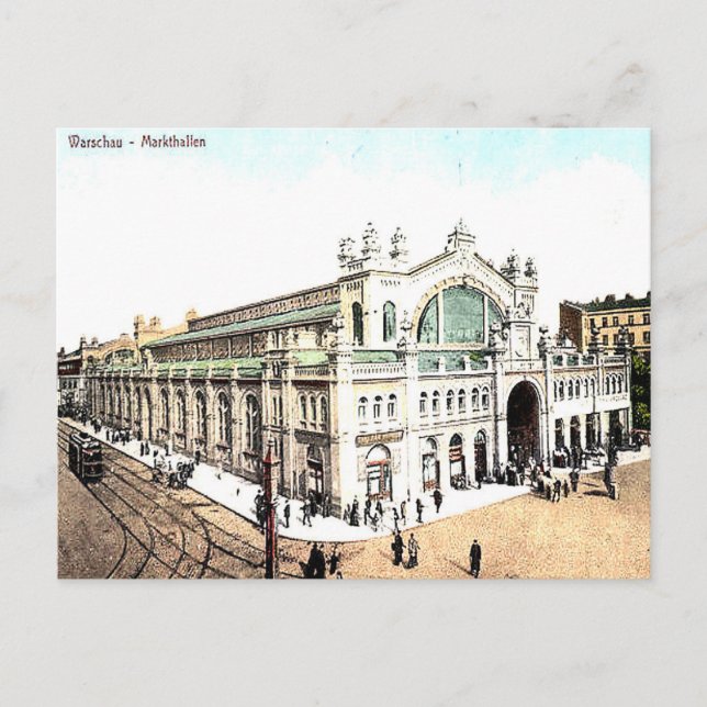 Gammalt vykort - marknadshallar, Warszawa, Polen (Framsida)