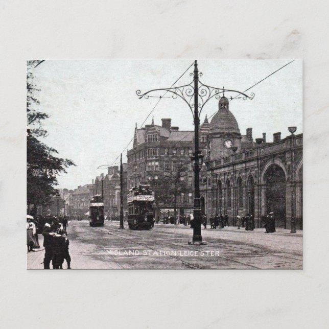 Gammalt vykort - Midland Station, Leicester (Framsida)