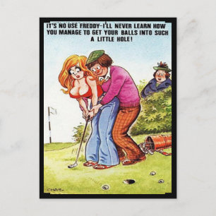 Gammalt vykort - Tecknad - Golf