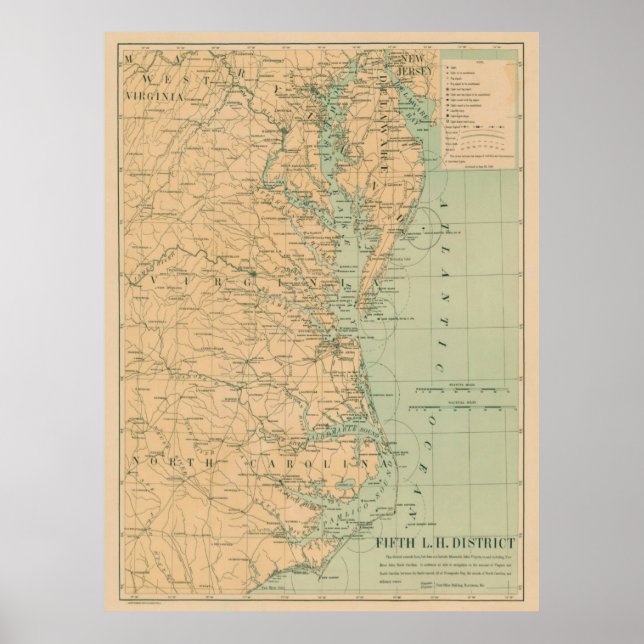 Gammalt yttre Banker och Chesapeake Bay fyr Karta Poster (Framsidan)