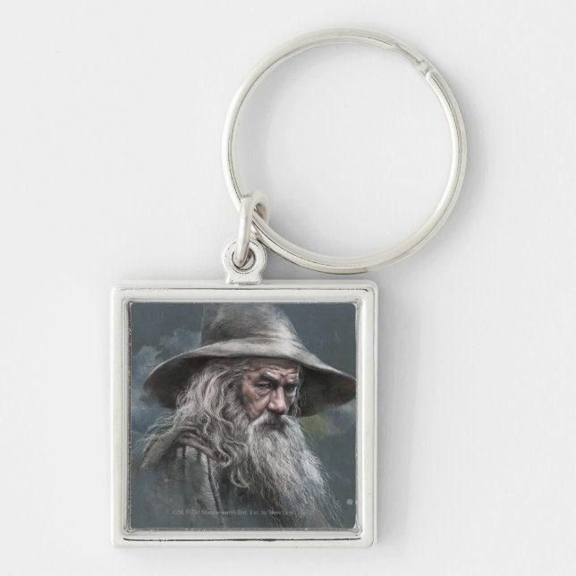 Gandalf Illustration Fyrkantig Silverfärgad Nyckelring (Framsidan)
