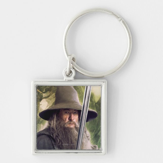 Gandalf med personal och svärd fyrkantig silverfärgad nyckelring (Framsidan)