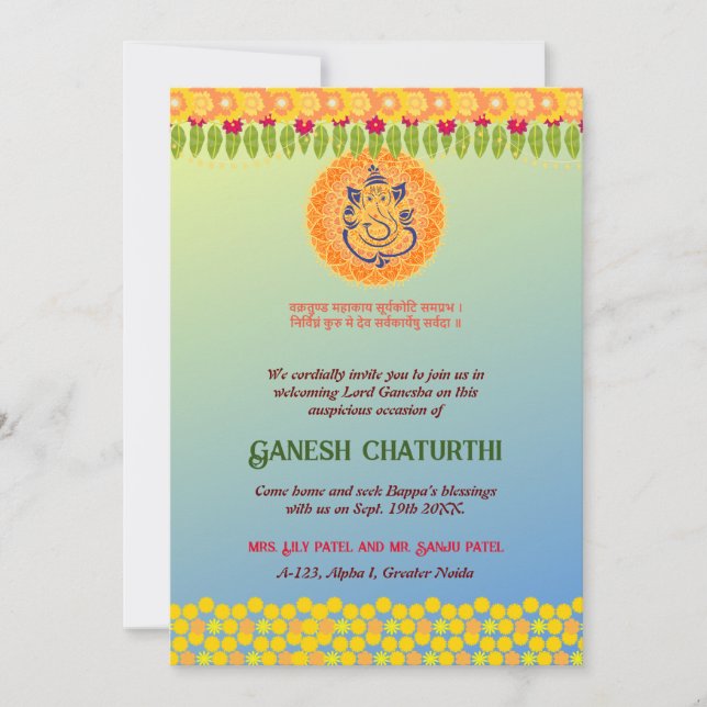 Ganesh Chaturthi Blommigt Colorful Inbjudningar (Framsida)