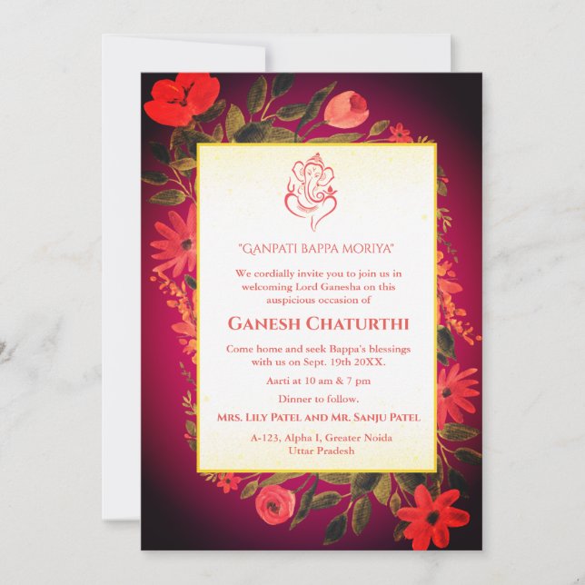 Ganesh Chaturthi Puja Blommigt Inbjudningar (Framsida)
