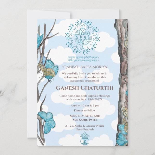 Ganesh Chaturthi Puja Butterfly Inbjudningar (Framsida)