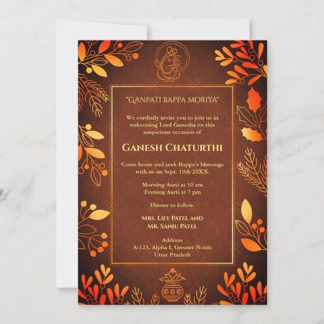Ganesh Chaturthi Puja Golden Inslag Inbjudningar (Framsida)