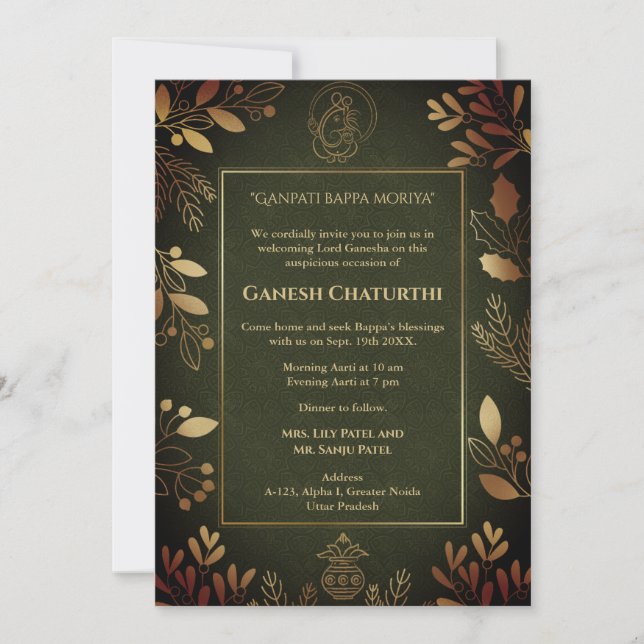 Ganesh Chaturthi Puja Golden Inslag Inbjudningar (Framsida)