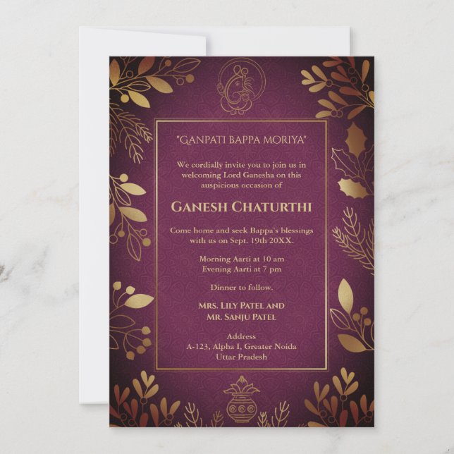 Ganesh Chaturthi Puja Golden Inslag Inbjudningar (Framsida)