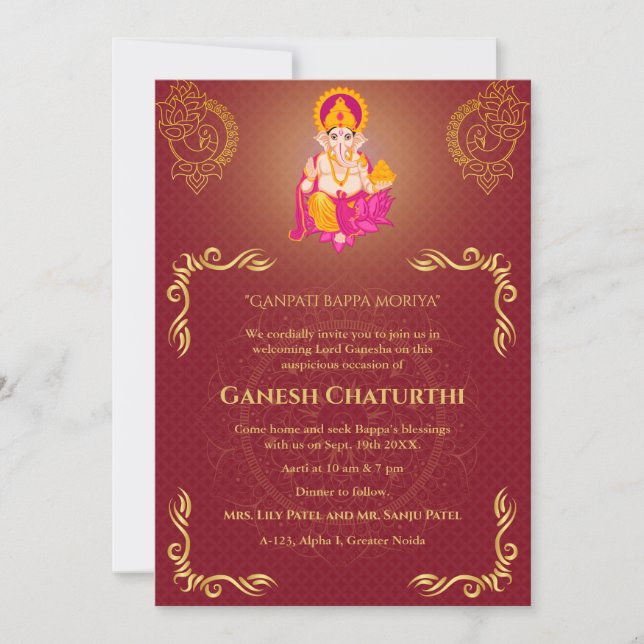 Ganesh Chaturthi Puja Roya Golden Inslag Inbjudningar (Framsida)