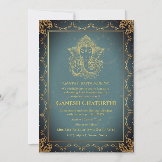 Ganesh Chaturthi Puja Roya Golden Inslag Inbjudningar (Framsida)