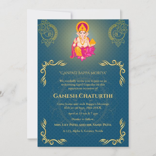 Ganesh Chaturthi Puja Roya Golden Inslag Inbjudningar (Framsida)