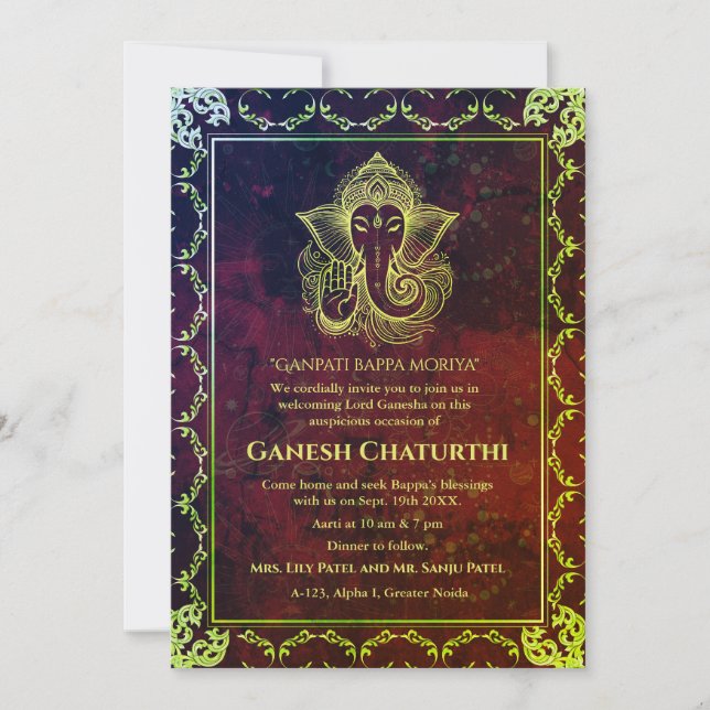 Ganesh Chaturthi Puja Roya Golden Inslag Inbjudningar (Framsida)