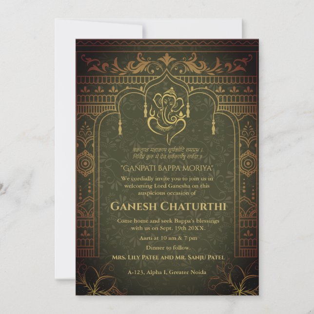 Ganesh Chaturthi Puja Roya Golden Inslag Inbjudningar (Framsida)