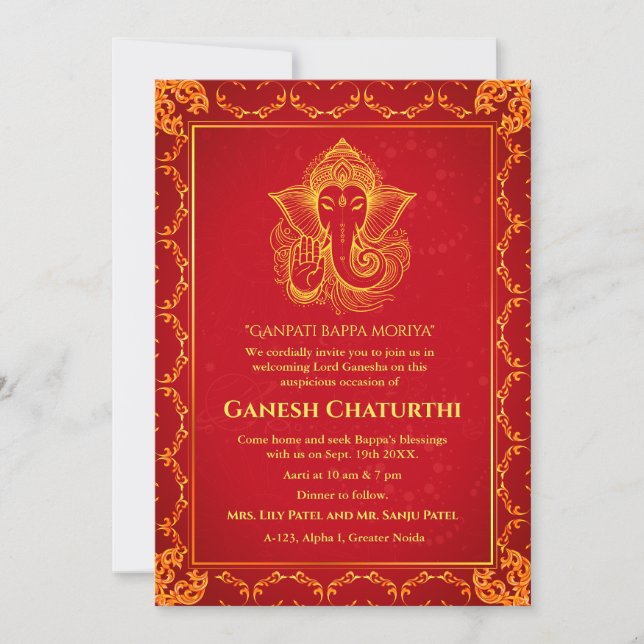 Ganesh Chaturthi Puja Roya Golden Inslag Inbjudningar (Framsida)
