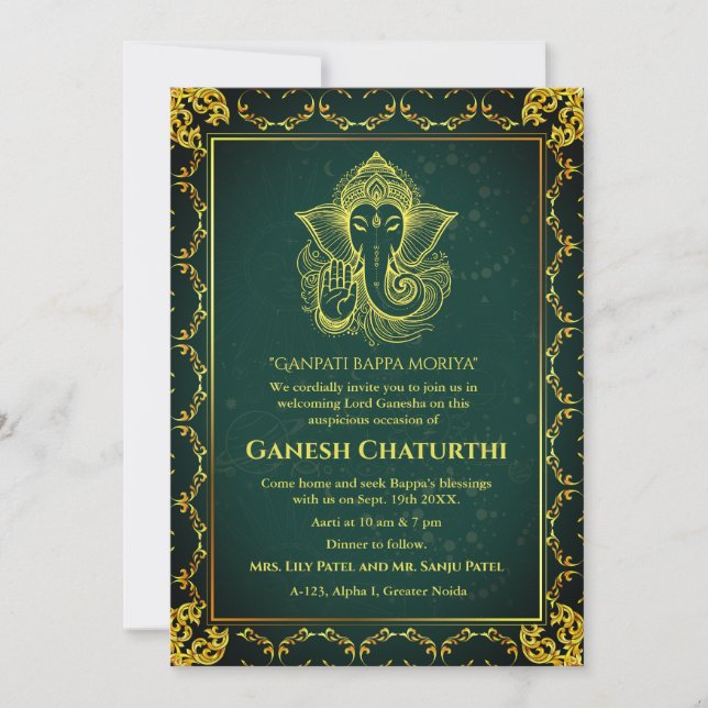 Ganesh Chaturthi Puja Roya Golden Inslag Inbjudningar (Framsida)