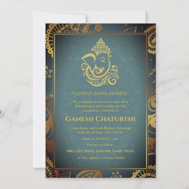 Ganesh Chaturthi Puja Roya Golden Inslag Inbjudningar (Framsida)