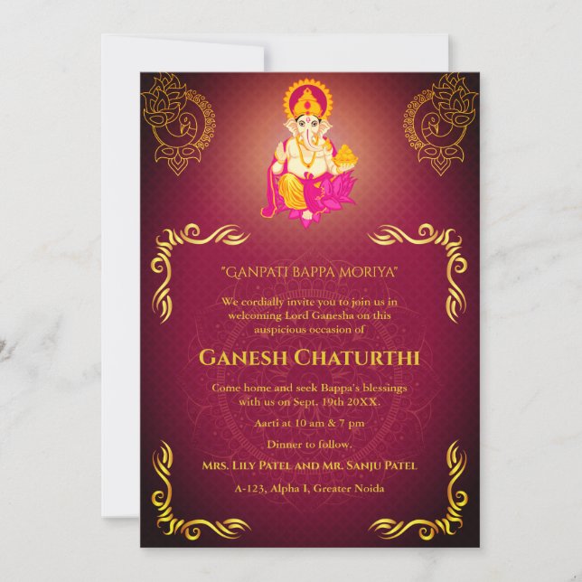 Ganesh Chaturthi Puja Roya Golden Inslag Inbjudningar (Framsida)