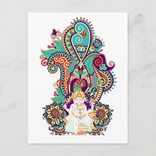 Ganesh Elephant Gud Colorful Paisley Vykort (Framsida)