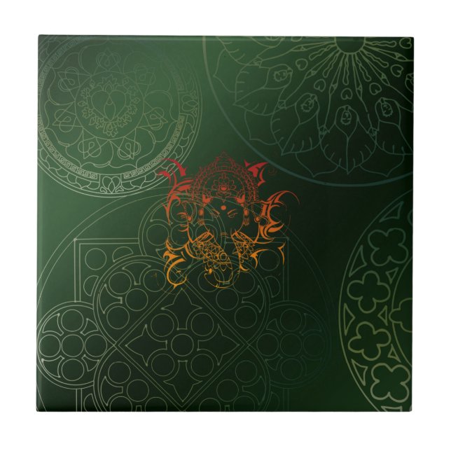 Ganesh Elephant Mandala orange grönt Yoga Asia Kakelplatta (Framsidan)