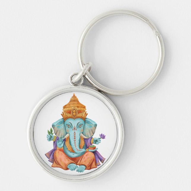Ganesh Rund Silverfärgad Nyckelring (Framsidan)
