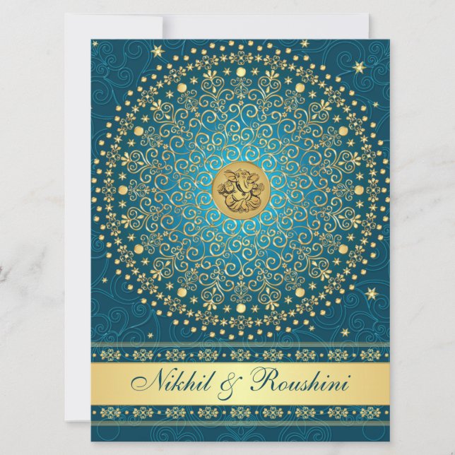 Ganesh Teal Guld Scrolls Bröllopsinbjudan STOR Inbjudningar (Framsida)