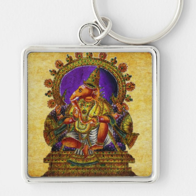 Ganesha Deva antique Fyrkantig Silverfärgad Nyckelring (Framsidan)