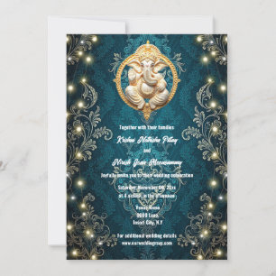 Ganesha elephant blue guld Hindi Hindu bröllop Inbjudningar