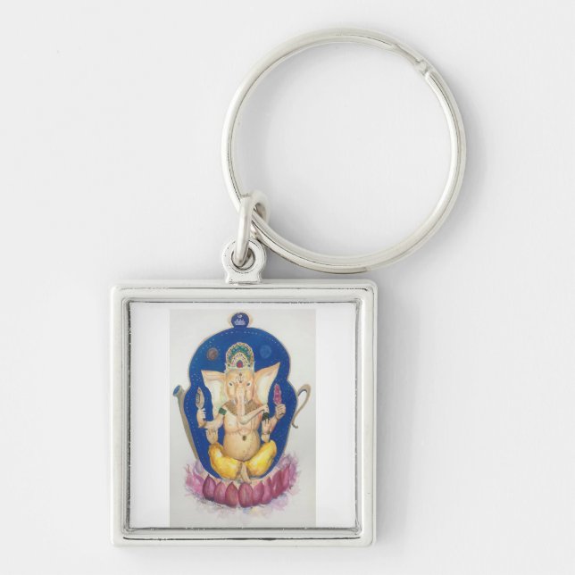 Ganesha Elephant Fyrkantig Silverfärgad Nyckelring (Framsidan)