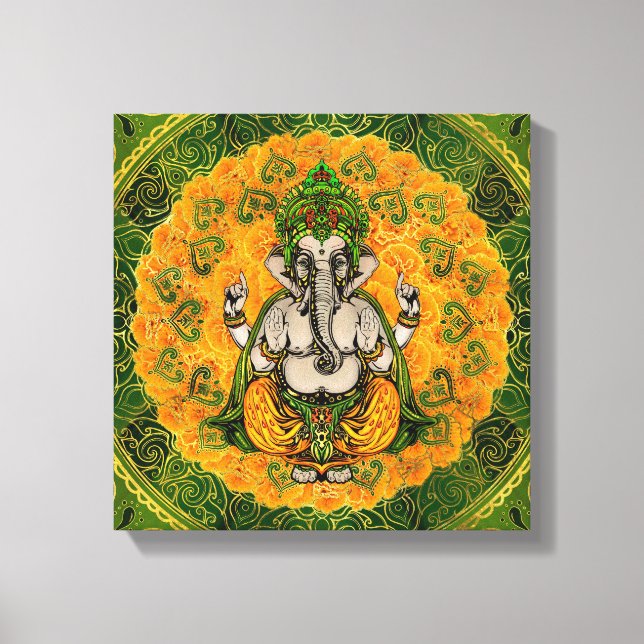 Ganesha i Marigold-blommor och guld-dekorationen Canvastryck (Framsida)