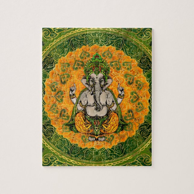 Ganesha i ringblommablommor och guld- dekoration pussel (Vertikal)