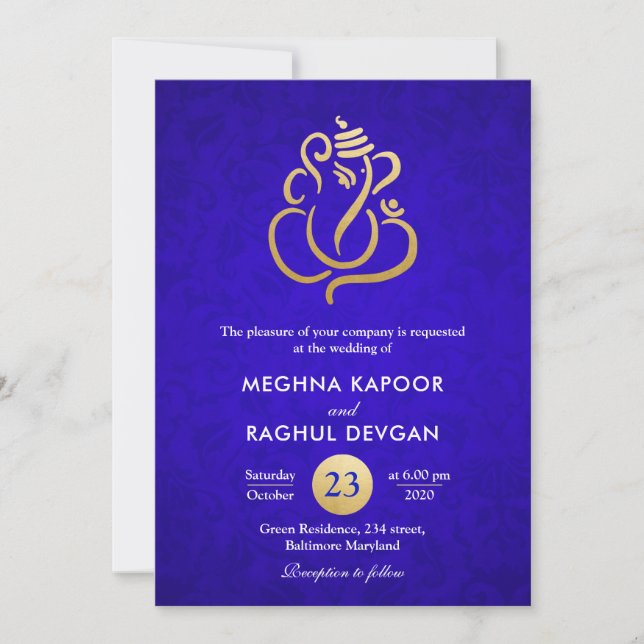 Ganesha/Indian Faux Gold Foil Blue Damask Wedding  Inbjudningar (Framsida)