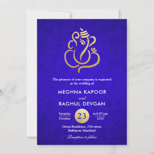 Ganesha/Indian Faux Gold Foil Blue Damask Wedding Inbjudningar
