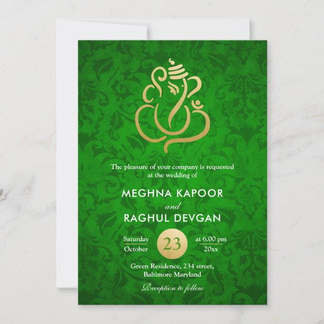Ganesha/Indian Faux Gold Foil Grönt Damask Wedding Inbjudningar (Framsida)